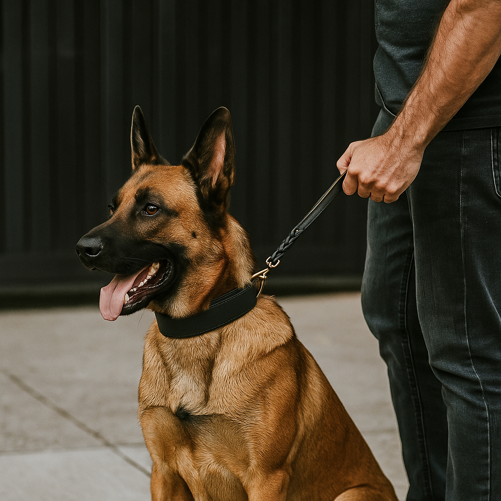 THE K9 STORE Premium 100% Genuine Leather Short Handle for Dogs | Handcrafted 17 Inch Training Leash with Brass Hook | Cushioned Grip | Heavy Duty | 3-Stitched & Hand-Entangled Designs | Tan, Black, Chocolate