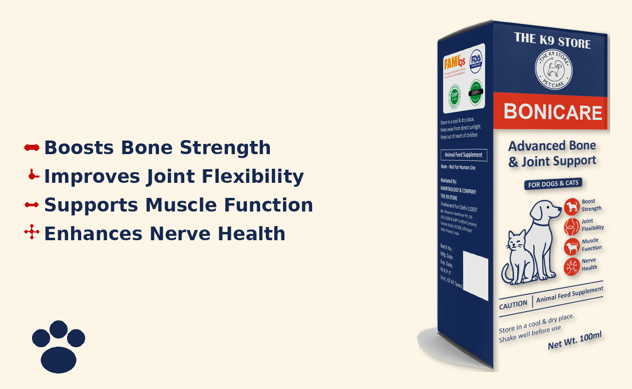 THE K9 STORE Complete Pet Health Combo | Pre & Probiotic for Digestion + Bonicare Bone & Joint Support + Omega 3-6-9 Skin & Coat Supplement | For Dogs & Cats | Boosts Immunity, Bones, Joints & Fur Health