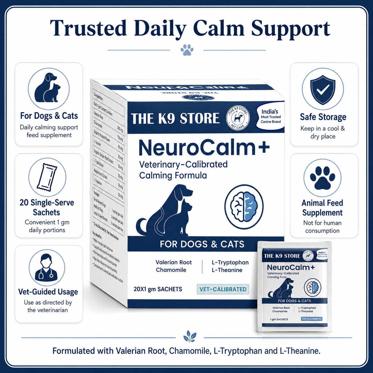 NeuroCalm+ - Calming Formula for Dogs & Cats (10 Sachets & 20 Sachets) Veterinary-Calibrated Calming Supplement for Stress, Anxiety & Cognitive Health