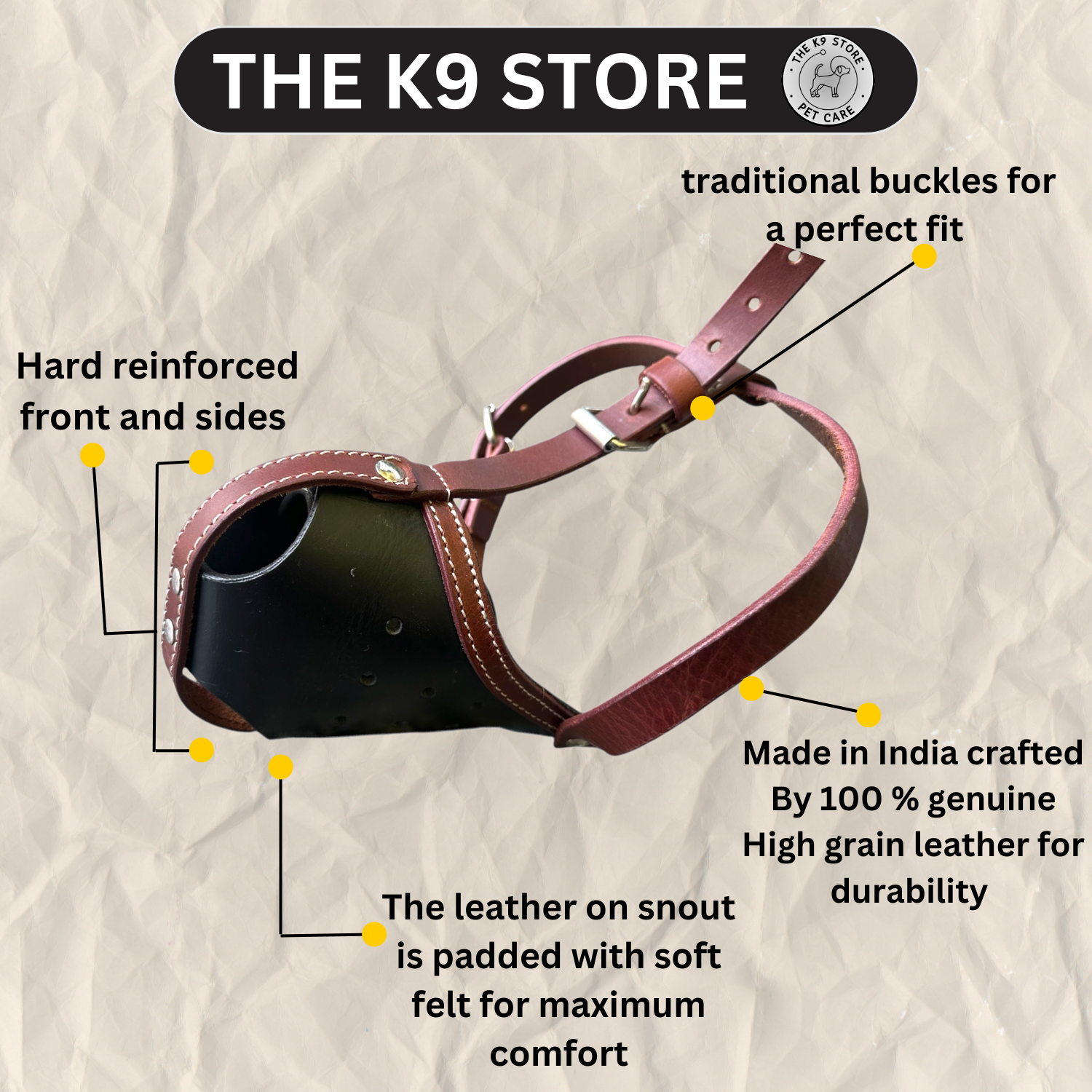 The K9 Store Premium Leather Dog Muzzle, Handstitched Mask for Gaint, Large & Medium Dog Breeds in Black/Tan Color