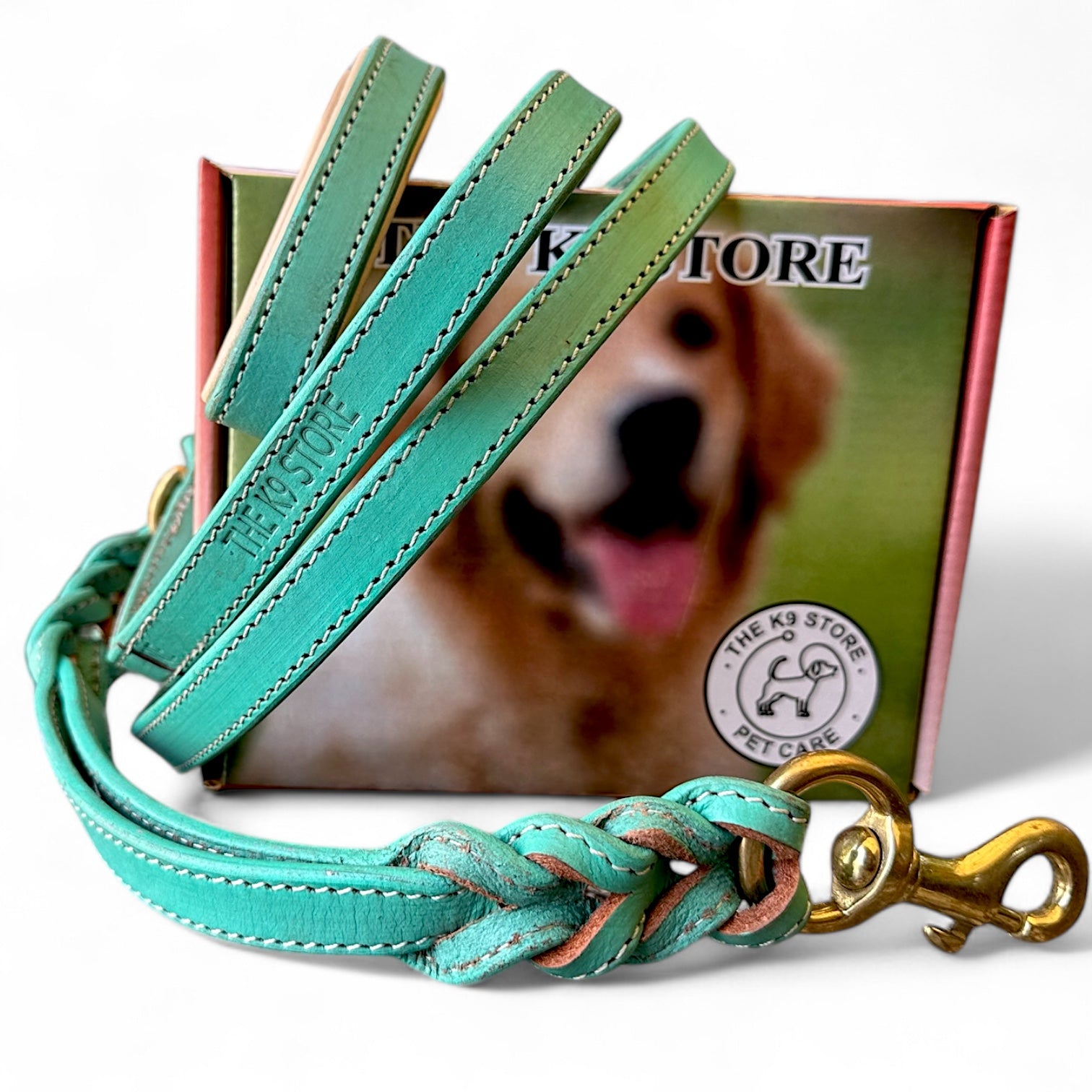 The K9 Store Premium Leather Double Handle Dog Leash, 6 Feet Long With Brass Hooks in Green Mint Color For All Dog Breeds