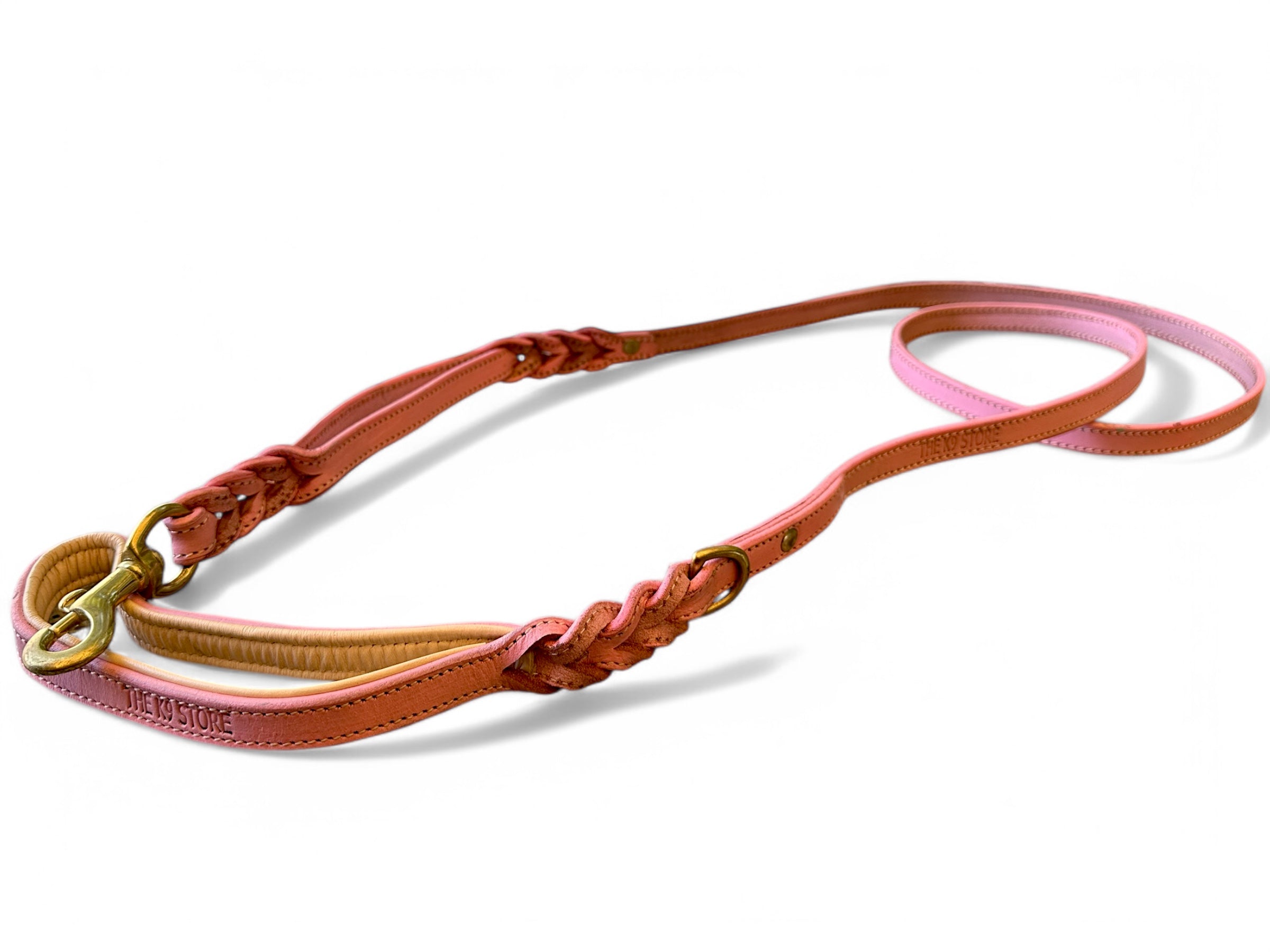 The K9 Store Premium Leather Double Handle Dog Leash, 6 Feet Long With Brass Hooks in Pink Color For All Dog Breeds