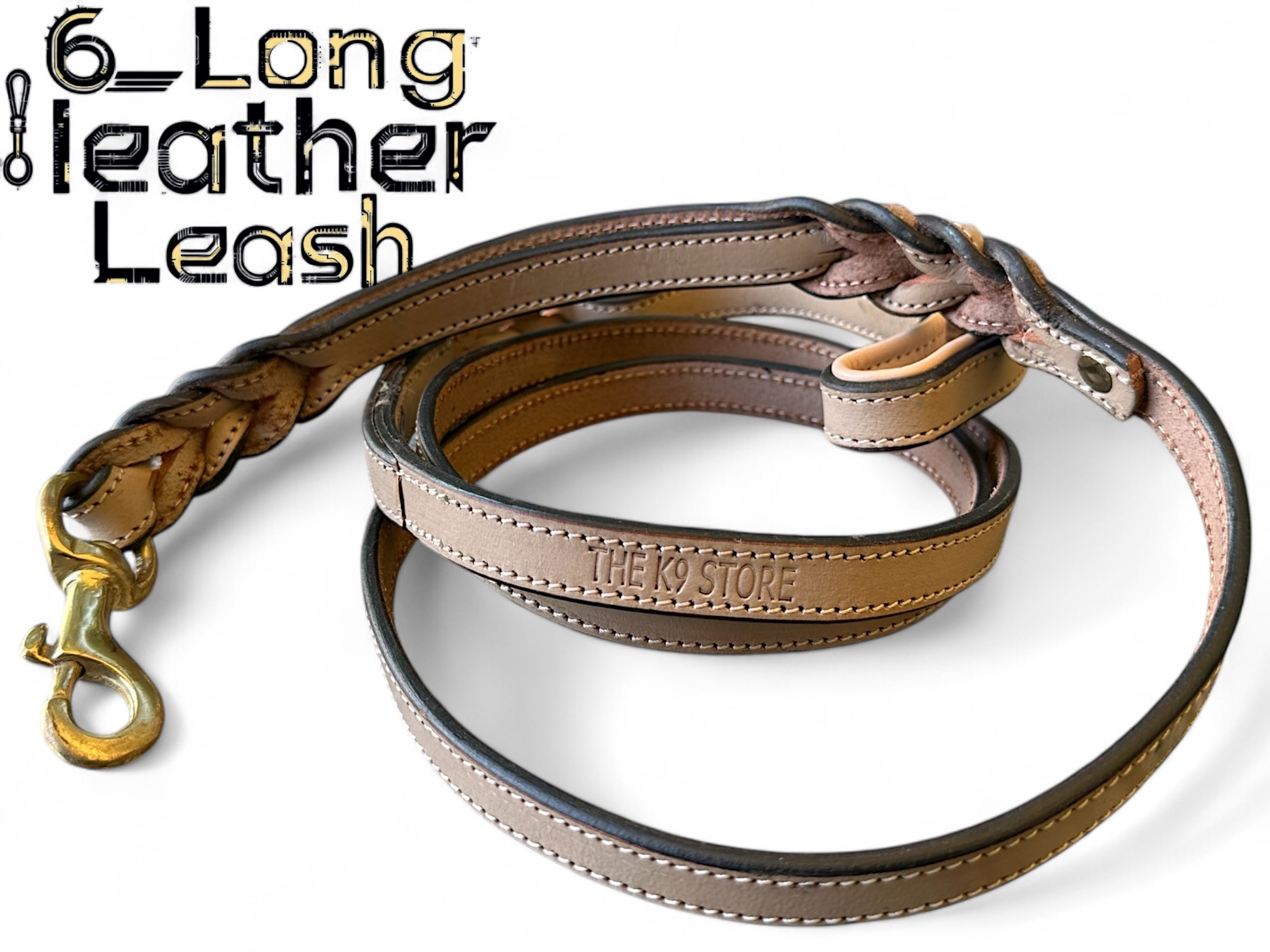 The K9 Store Premium Leather Double Handle Dog Leash, 6 Feet Long With Brass Hooks in Grey Color For All Dog Breeds