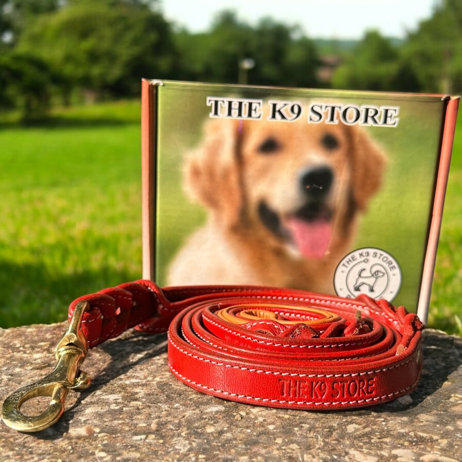 The K9 Store Premium Leather Double Handle Dog Leash, 6 Feet Long With Brass Hooks in Red Color For All Dog Breeds
