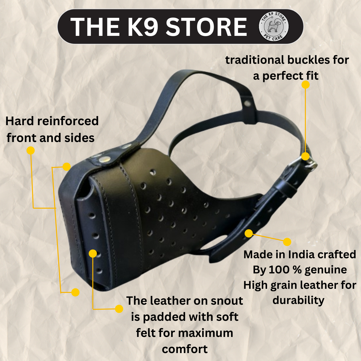 K9 Store Premium Black Leather Dog Muzzle/Mask- Heavy Duty, Breathable, Handcrafted & Adjustable for Large Breeds