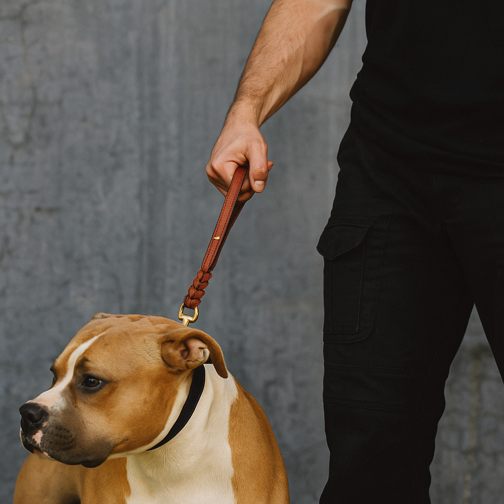 THE K9 STORE Premium 100% Genuine Leather Short Handle for Dogs | Handcrafted 17 Inch Training Leash with Brass Hook | Cushioned Grip | Heavy Duty | 3-Stitched & Hand-Entangled Designs | Tan, Black, Chocolate