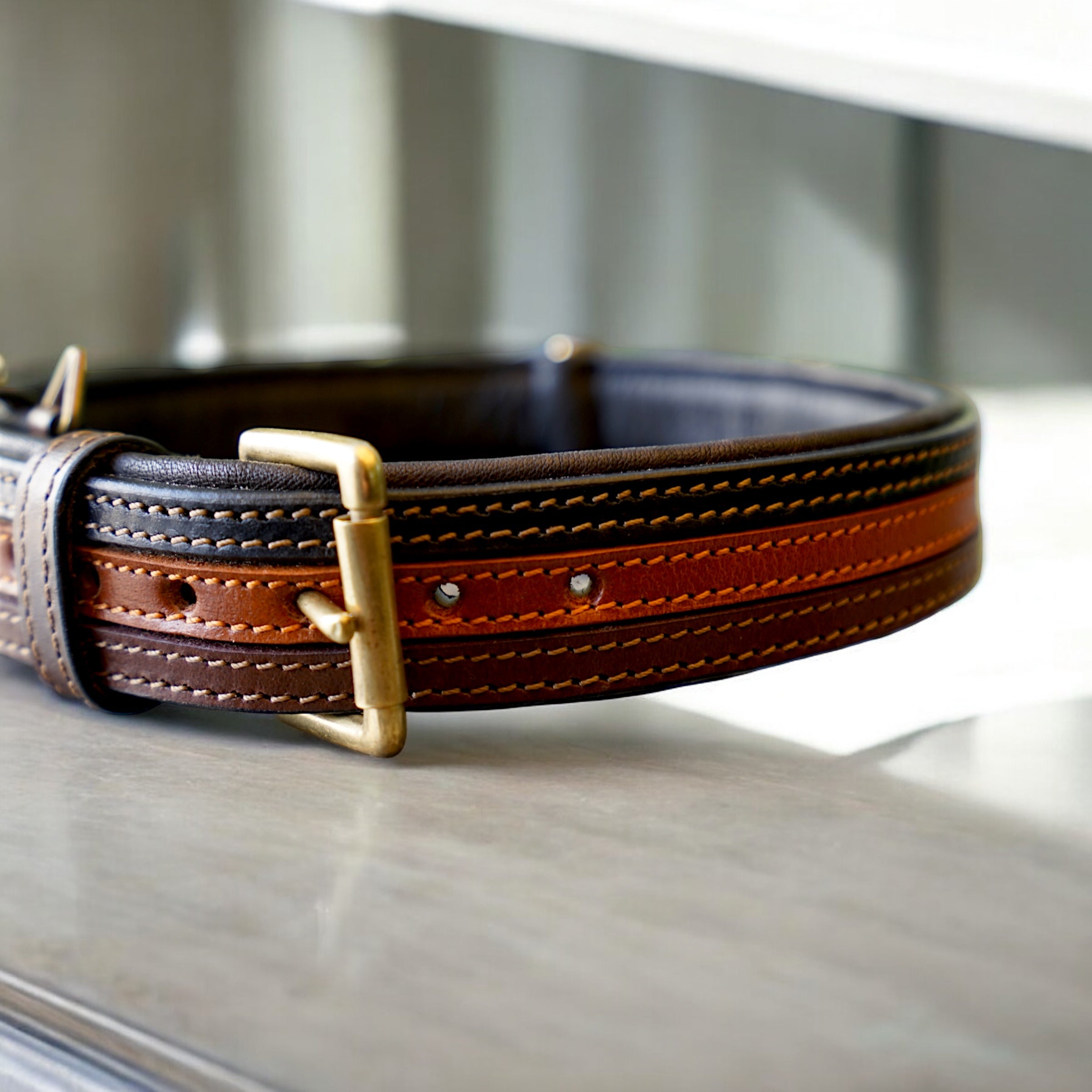 The K9 Store 100% Highgrade Leather Colored Designer Dog Neck Collar (Black + Tan + Chocolate - TRICOLOR)