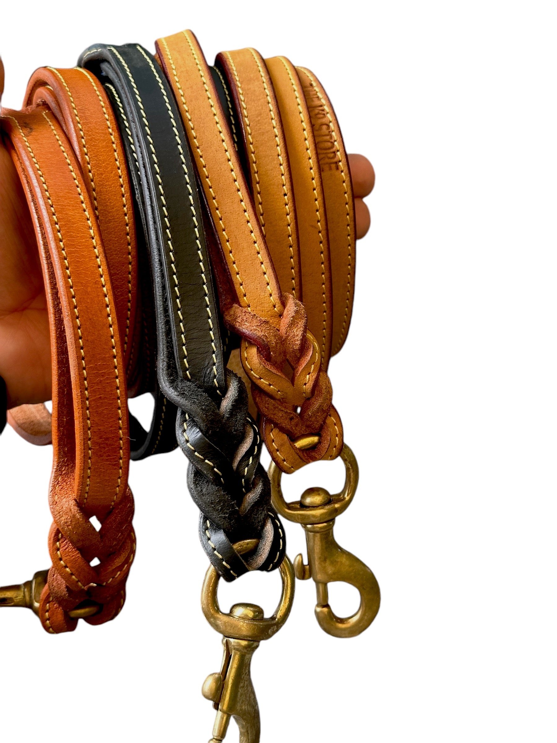 The K9 Store Premium Leather Double Handle Dog Leash, 6 Feet Long in Tan Color With Brass Hooks For All Dog Breeds