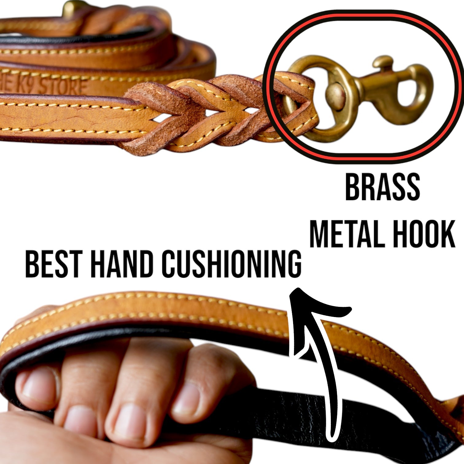 The K9 Store Premium Leather Double Handle Dog Leash, 6 Feet Long in Tan Color With Brass Hooks For All Dog Breeds