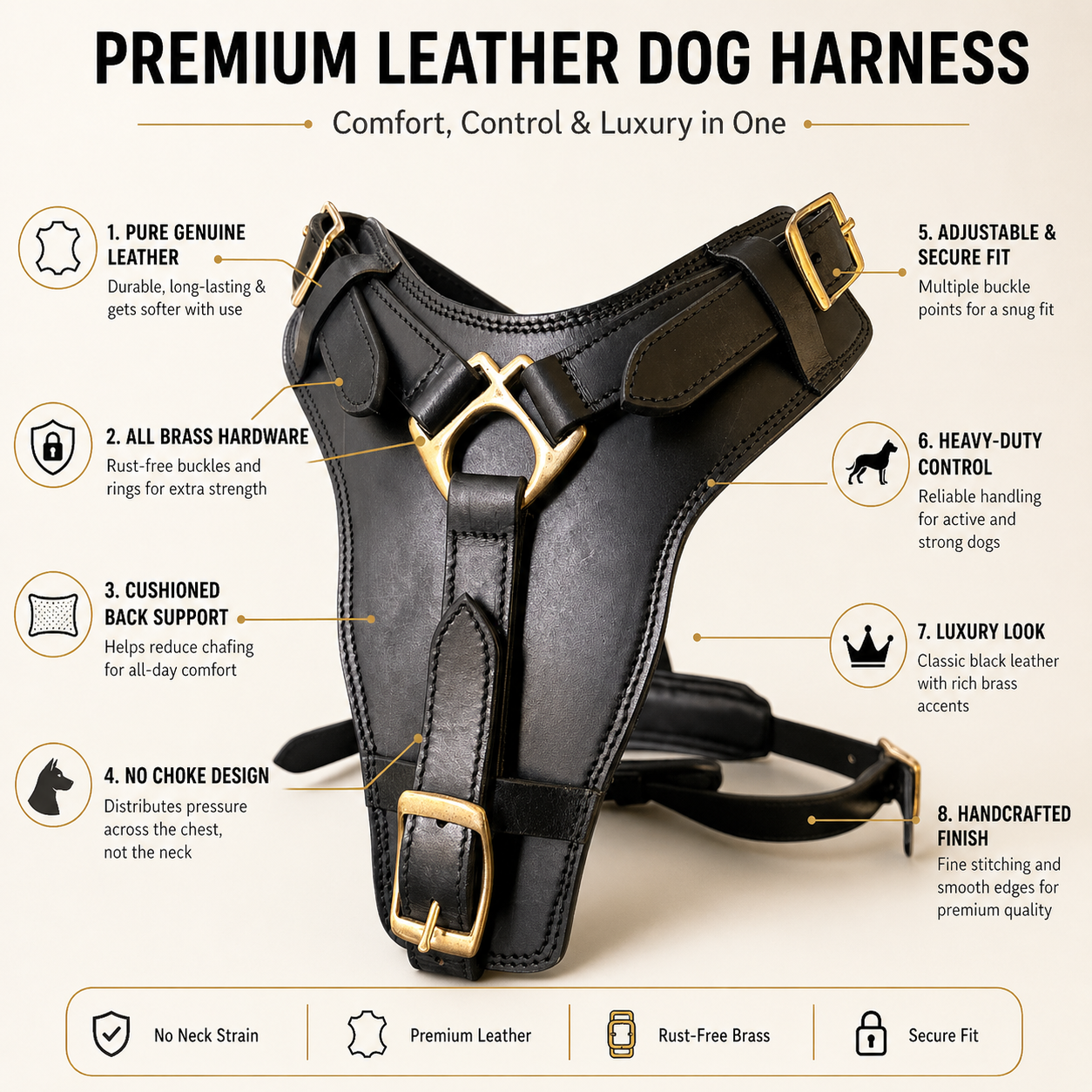 The K9 Store Black Pure Leather Dog Harness with Brass Hardware – Adjustable Padded Dog Chest Harness for Walks, Training & Strong Control