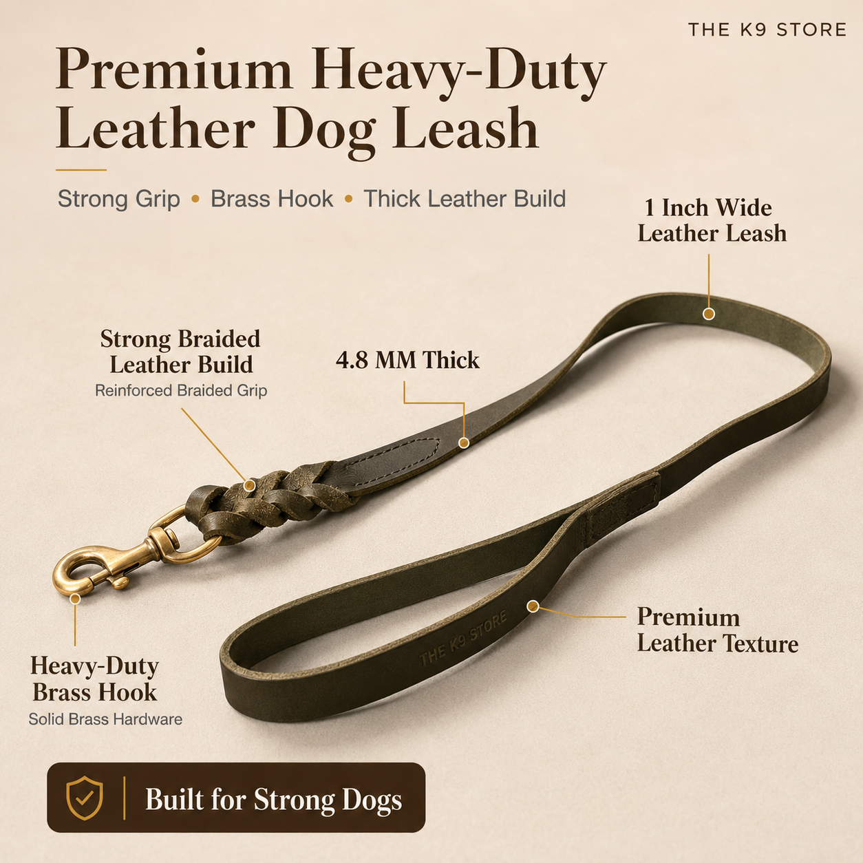 Black Leather Dog Leash with Heavy-Duty Brass Hook | 1 Inch Wide, 5 Feet, Premium Braided Leather | The K9 Store