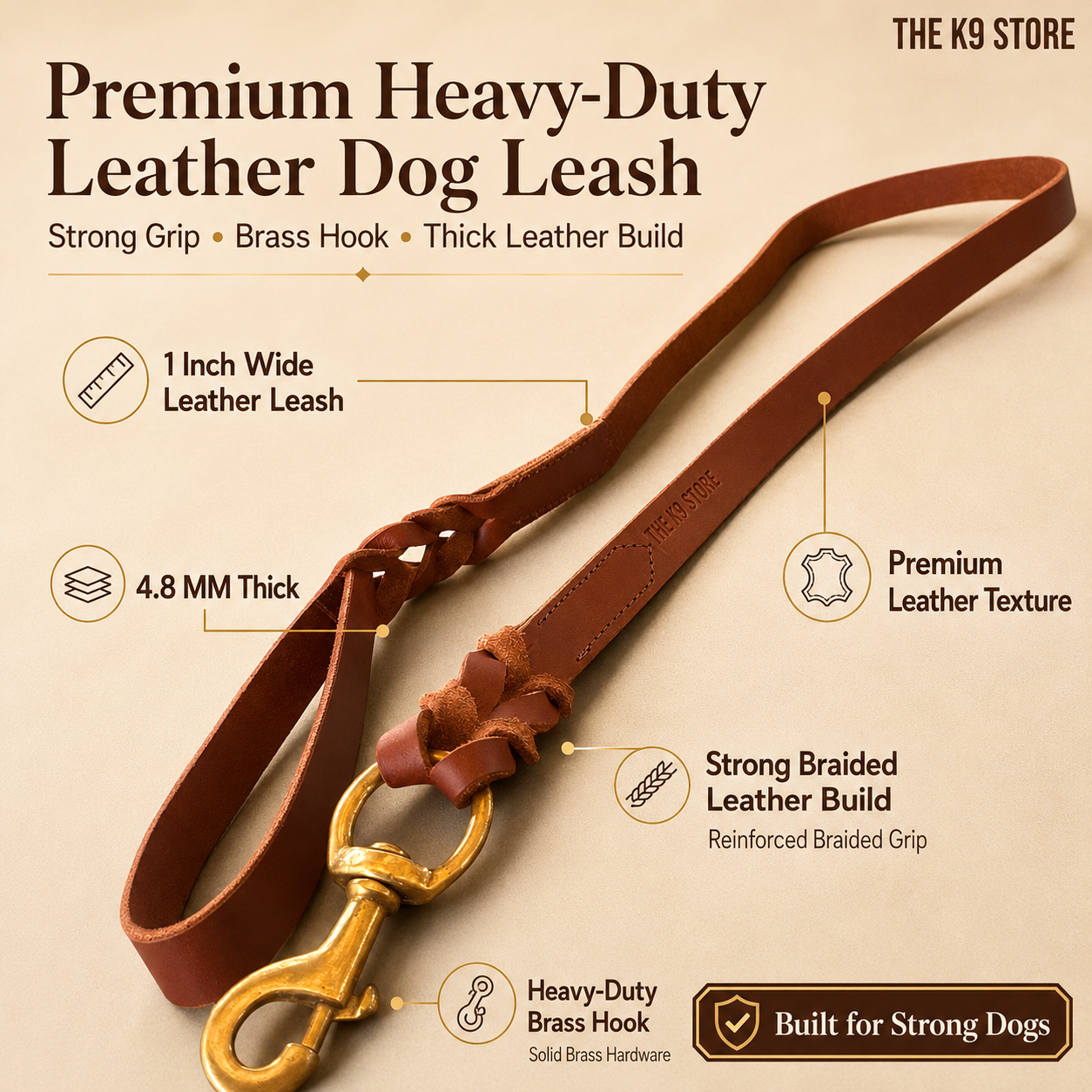 Tan Leather Dog Leash with Heavy-Duty Brass Hook | 1 Inch Wide, Premium Braided Leather | The K9 Store