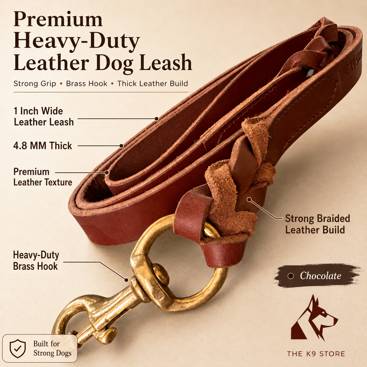Chocolate Leather Dog Leash with Heavy-Duty Brass Hook | 1 Inch Wide, 5 Feet, Premium Braided Leather | The K9 Store