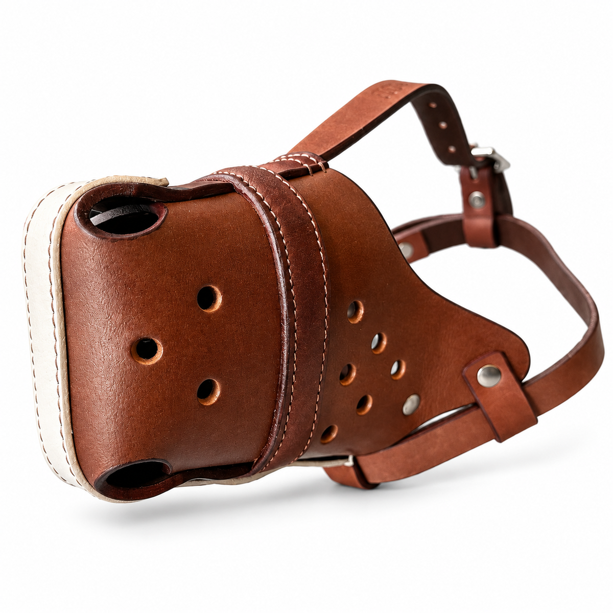 The K9 Store Chocolate & White Dual Leather Dog Muzzle | Breathable Vent Holes | Comfort Interior | Adjustable Buckle | L & XL | 6 Month Warranty | The K9 Store
