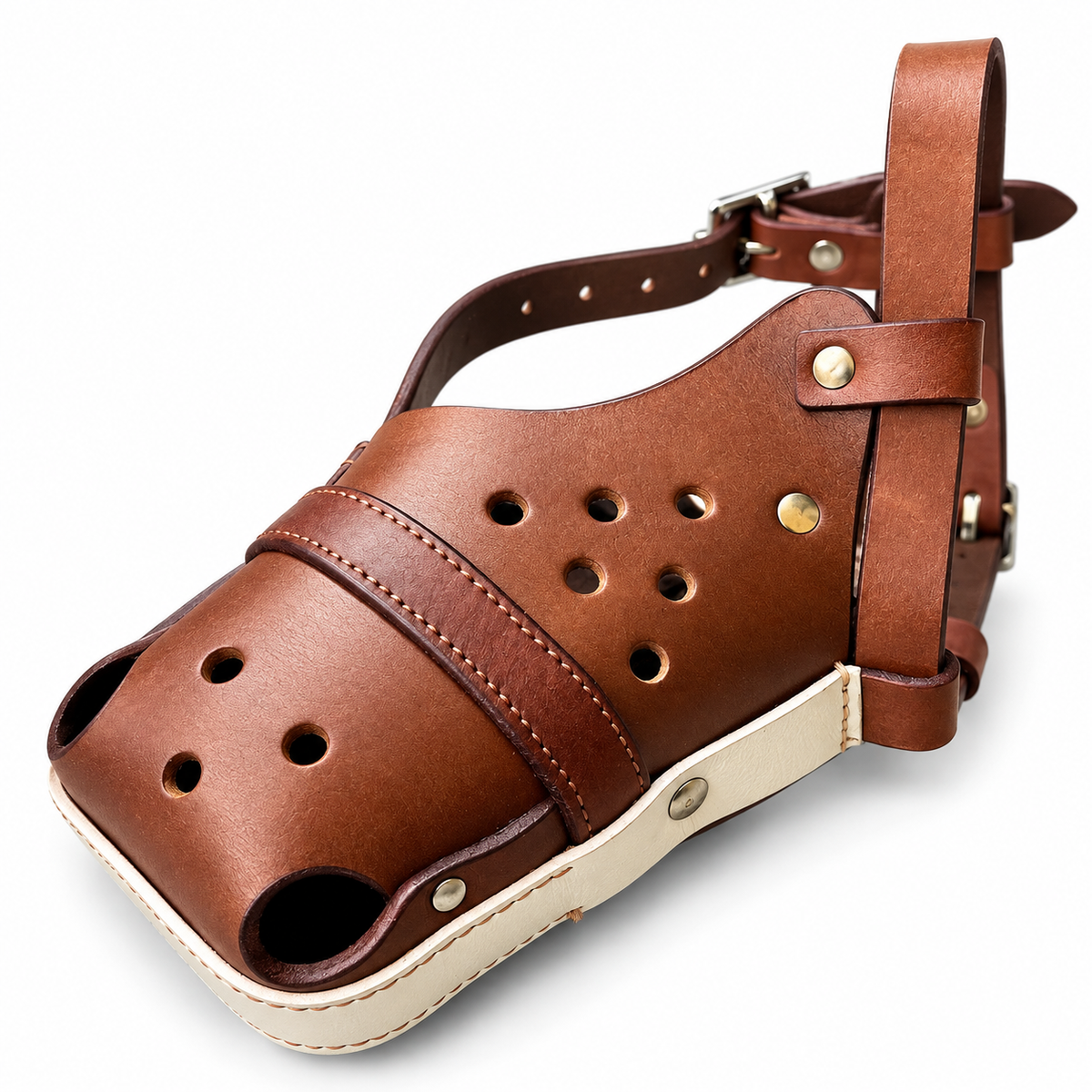 The K9 Store Chocolate & White Dual Leather Dog Muzzle | Breathable Vent Holes | Comfort Interior | Adjustable Buckle | L & XL | 6 Month Warranty | The K9 Store