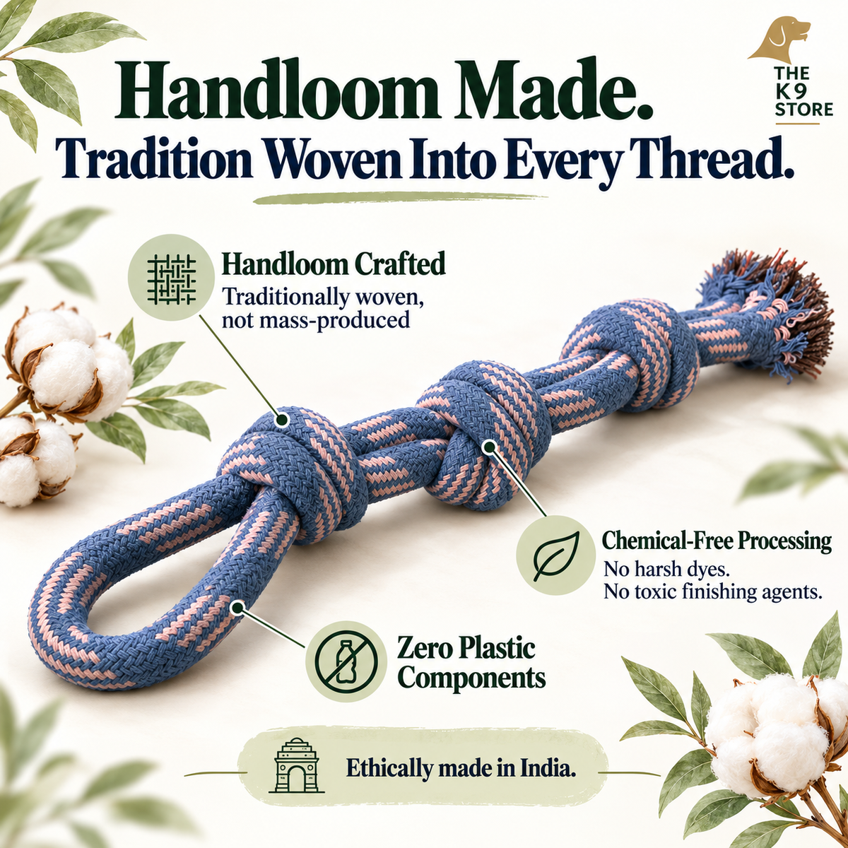The K9 Stoe Pure Cotton Rope Tug Toy for Dogs & Cats – 3-Knot Loop Rope Toy, 33 cm