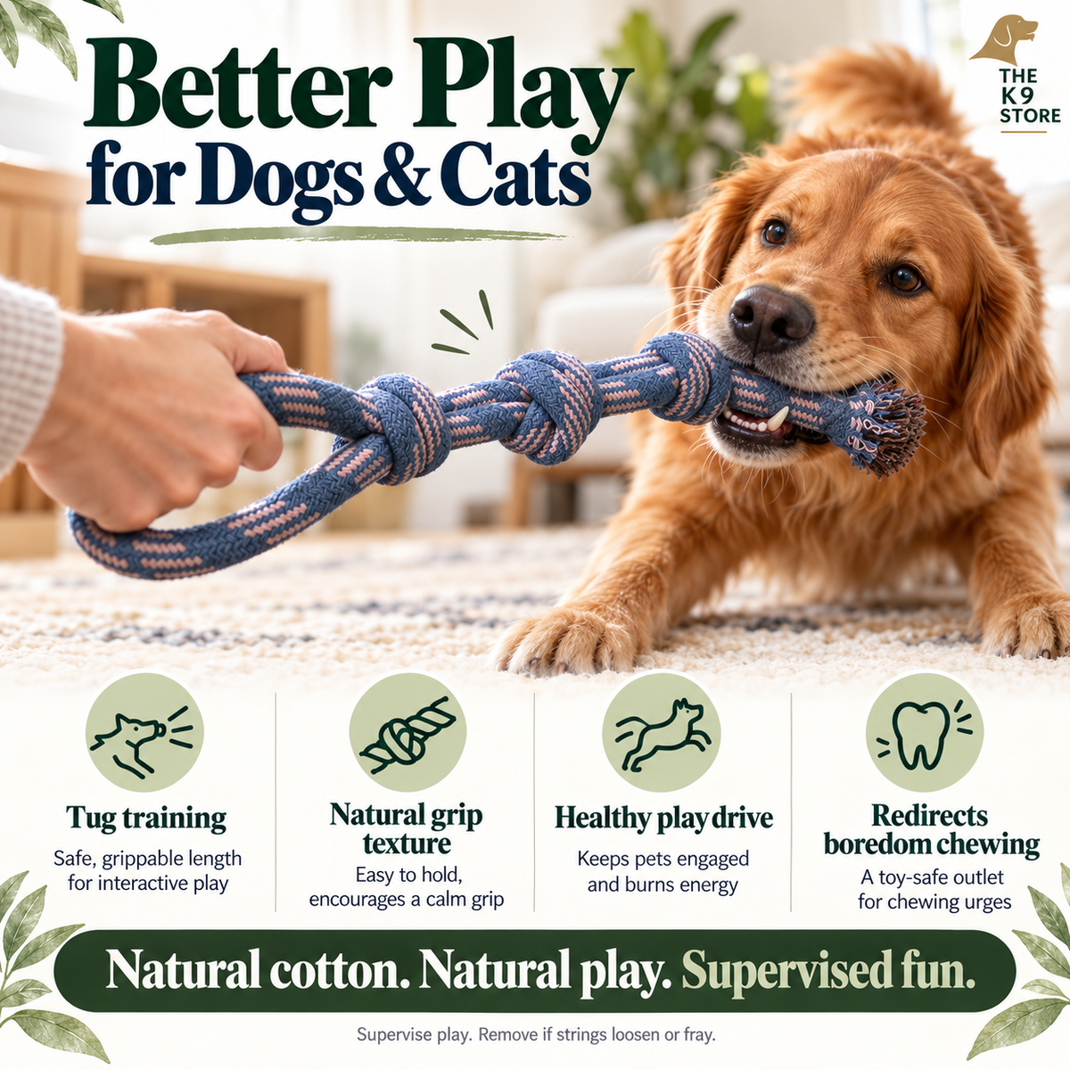 The K9 Stoe Pure Cotton Rope Tug Toy for Dogs & Cats – 3-Knot Loop Rope Toy, 33 cm