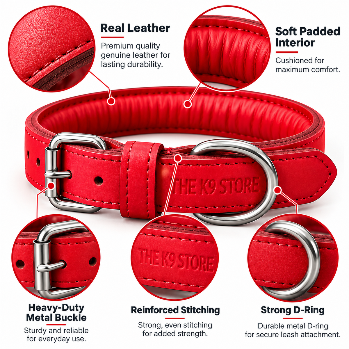 The K9 Store Red Premium Leather Dog Collar | 1-Inch Wide | Soft Cushioned Padded Interior | Heavy-Duty Metal Buckle & D-Ring | Reinforced Stitching | S, M, L & XL | The K9 Store