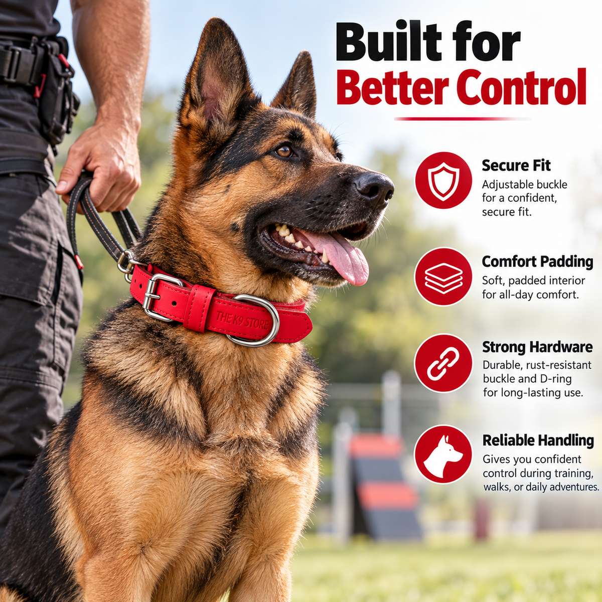 The K9 Store Red Premium Leather Dog Collar | 1-Inch Wide | Soft Cushioned Padded Interior | Heavy-Duty Metal Buckle & D-Ring | Reinforced Stitching | S, M, L & XL | The K9 Store
