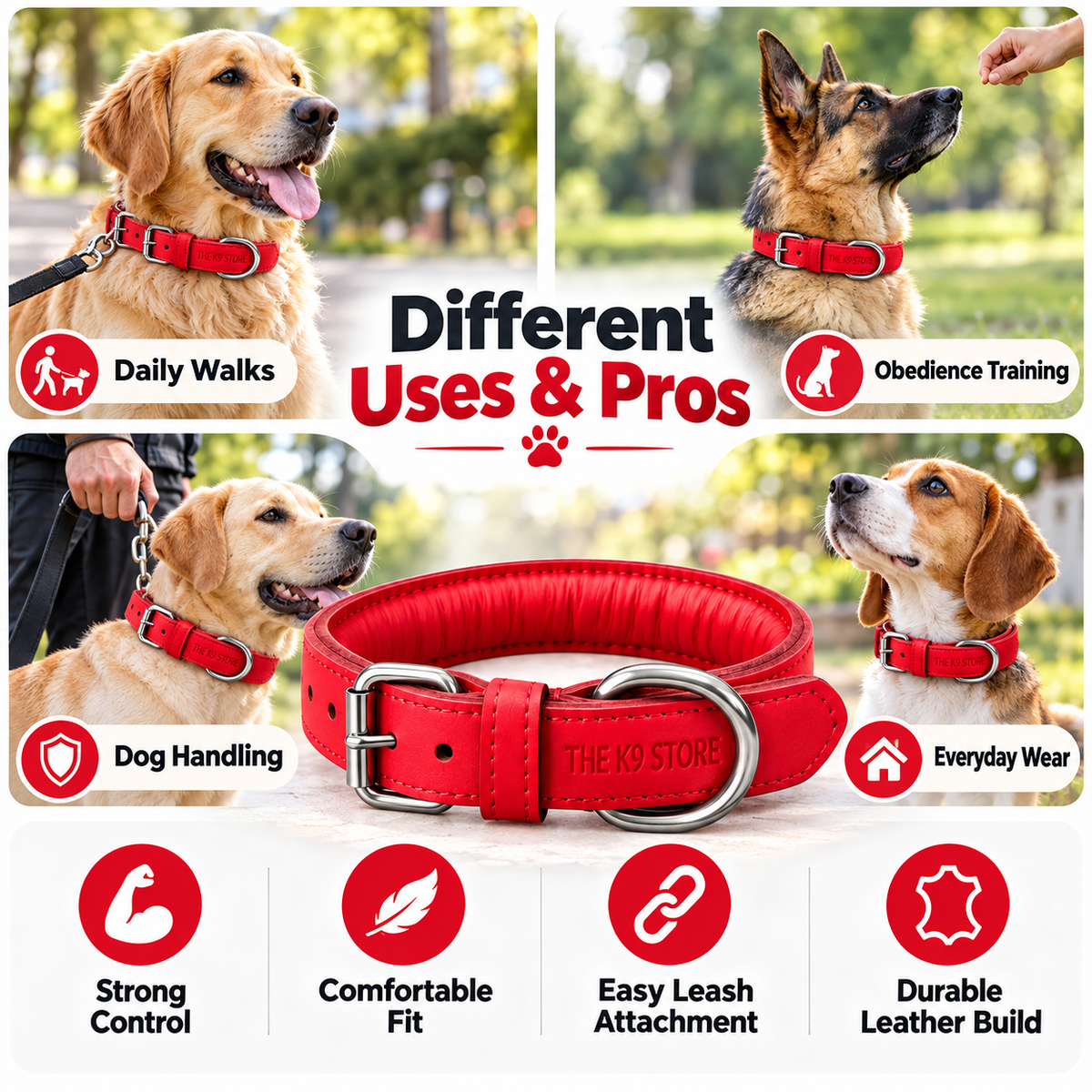 The K9 Store Red Premium Leather Dog Collar | 1-Inch Wide | Soft Cushioned Padded Interior | Heavy-Duty Metal Buckle & D-Ring | Reinforced Stitching | S, M, L & XL | The K9 Store