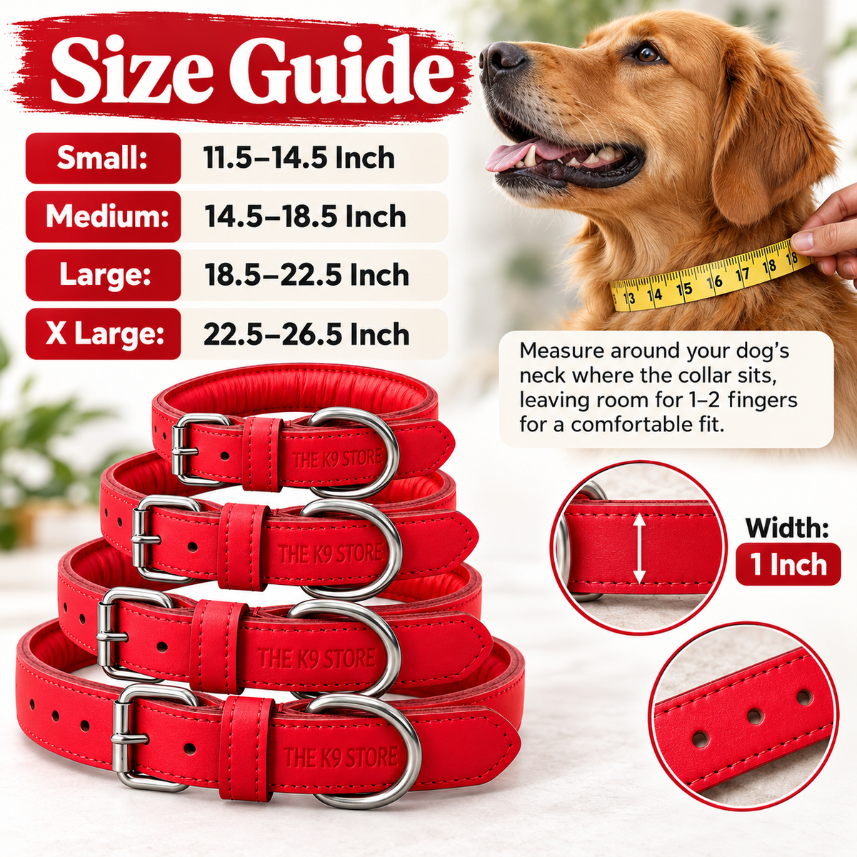 The K9 Store Red Premium Leather Dog Collar | 1-Inch Wide | Soft Cushioned Padded Interior | Heavy-Duty Metal Buckle & D-Ring | Reinforced Stitching | S, M, L & XL | The K9 Store
