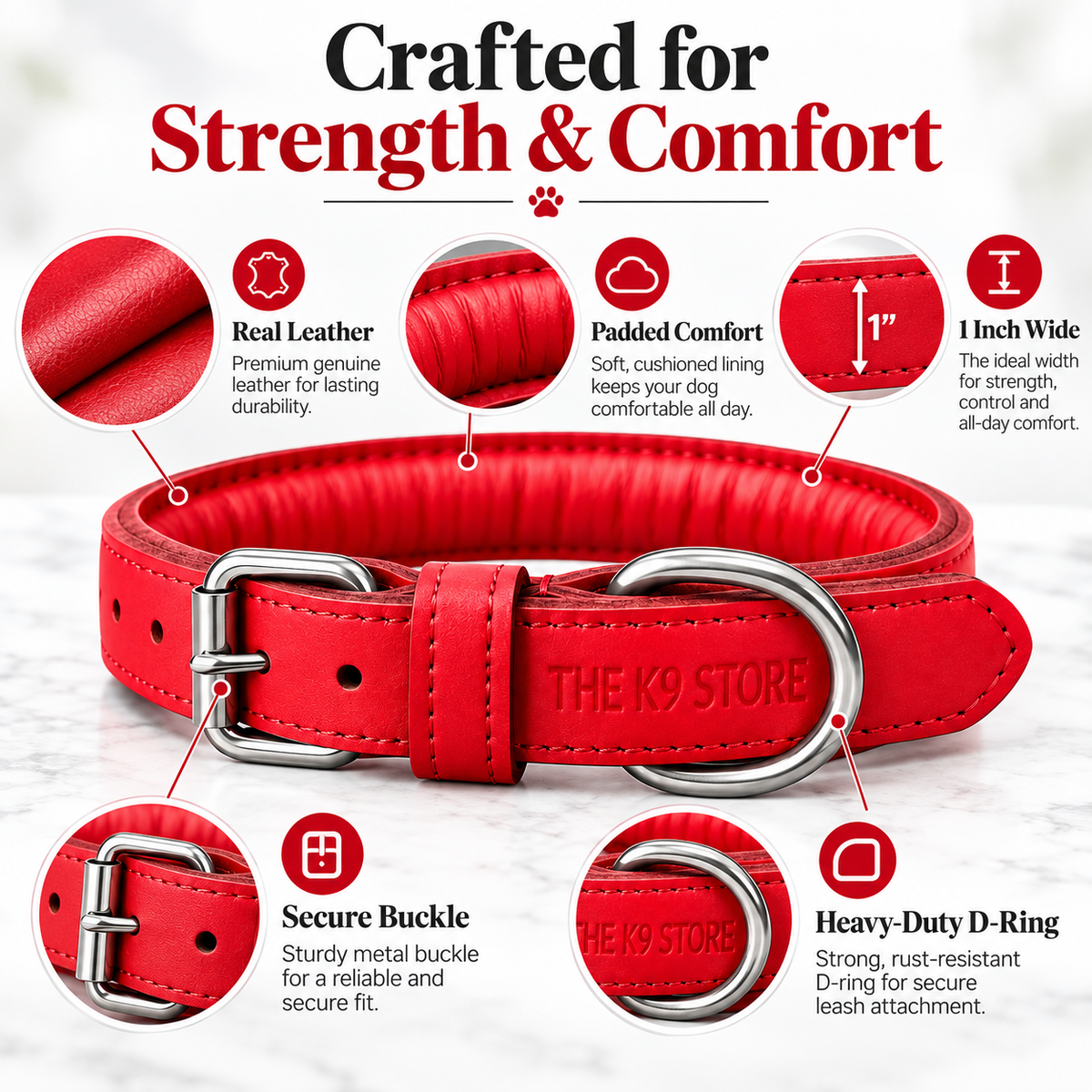 The K9 Store Red Premium Leather Dog Collar | 1-Inch Wide | Soft Cushioned Padded Interior | Heavy-Duty Metal Buckle & D-Ring | Reinforced Stitching | S, M, L & XL | The K9 Store