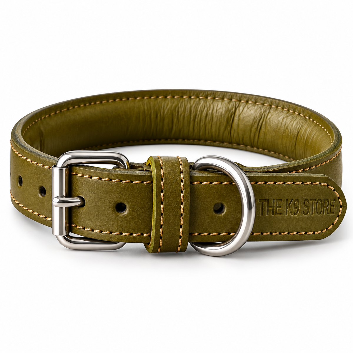 Padded Genuine Leather Dog Collar – Adjustable, 1-Inch Wide, Olive Green | The K9 Store