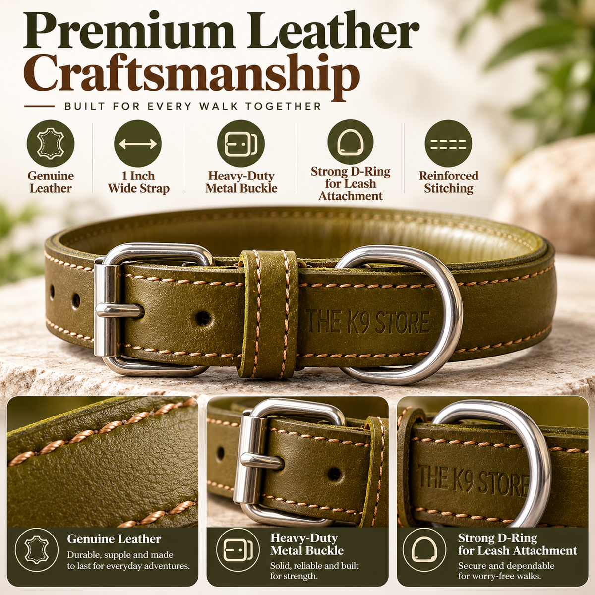 Padded Genuine Leather Dog Collar – Adjustable, 1-Inch Wide, Olive Green | The K9 Store