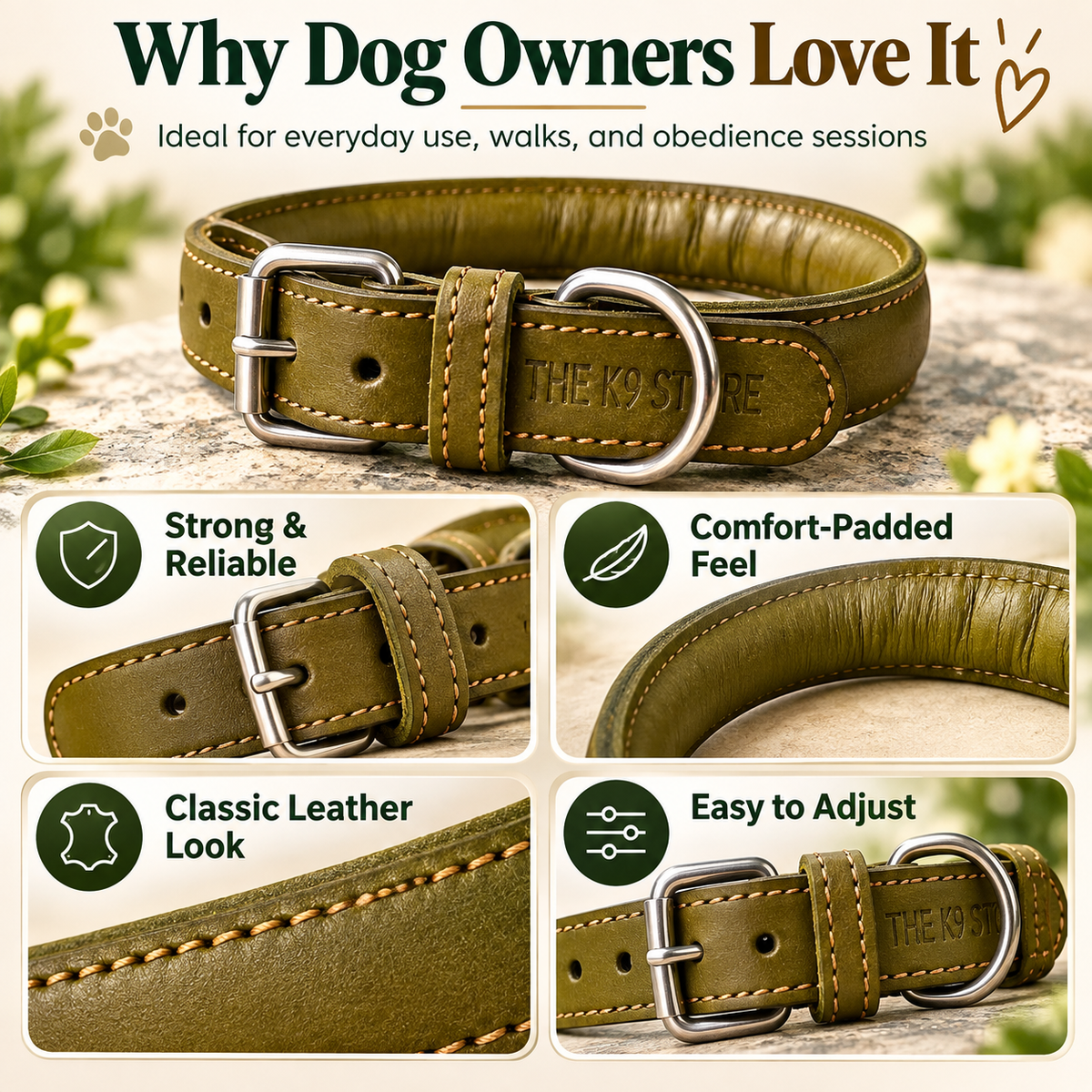 Padded Genuine Leather Dog Collar – Adjustable, 1-Inch Wide, Olive Green | The K9 Store