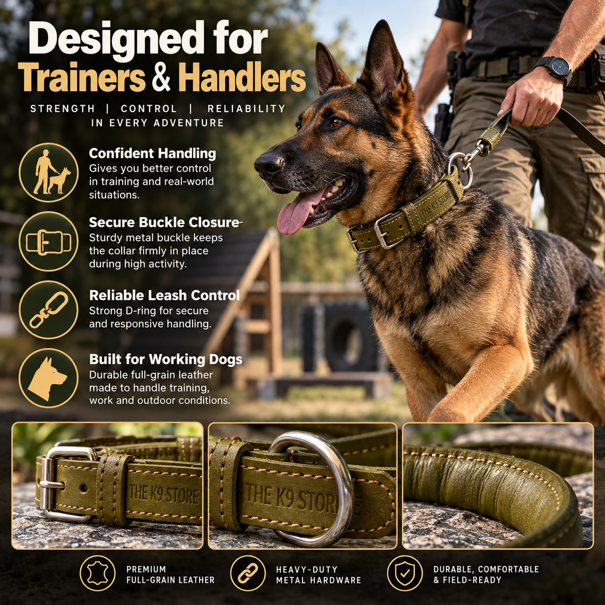 Padded Genuine Leather Dog Collar – Adjustable, 1-Inch Wide, Olive Green | The K9 Store