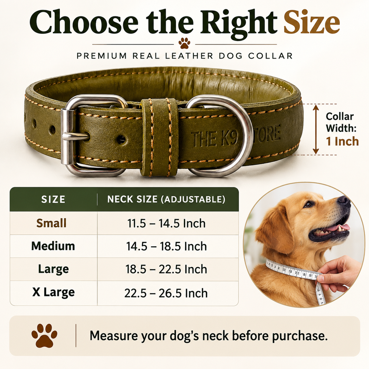 Padded Genuine Leather Dog Collar – Adjustable, 1-Inch Wide, Olive Green | The K9 Store