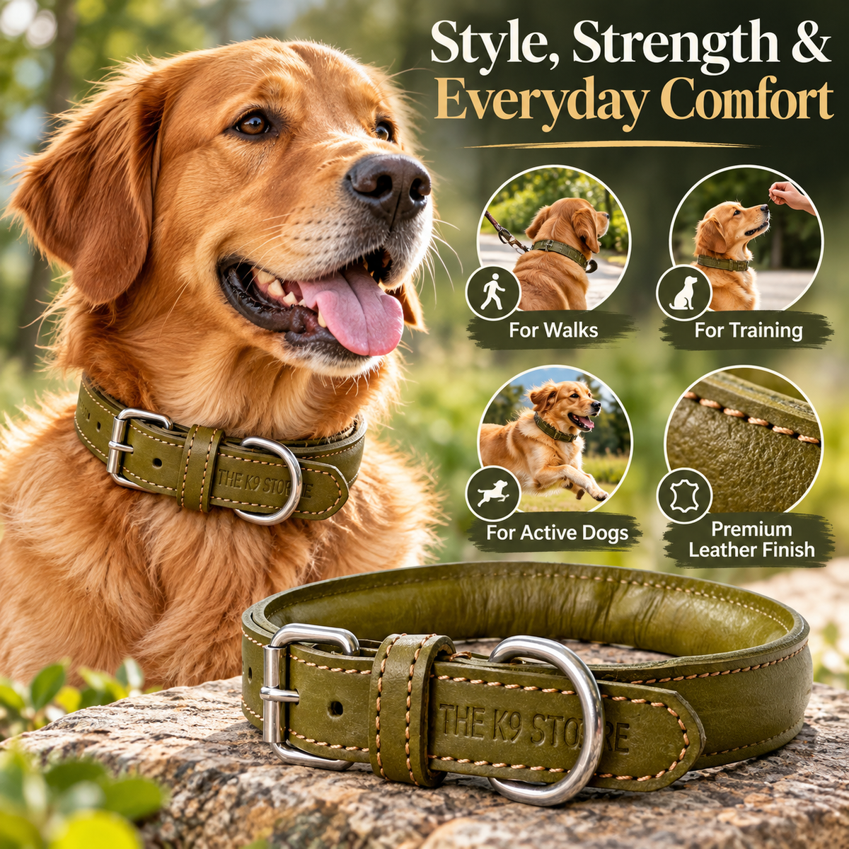Padded Genuine Leather Dog Collar – Adjustable, 1-Inch Wide, Olive Green | The K9 Store