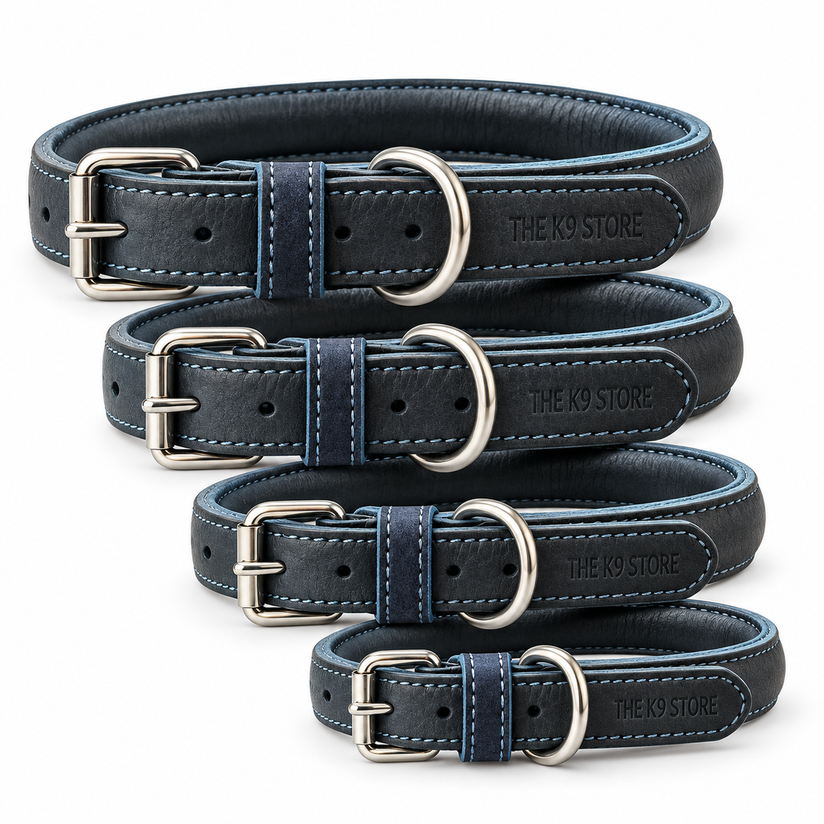 Padded Genuine Leather Dog Collar – Adjustable, 1-Inch Wide, Charcoal with Blue Stitching | The K9 Store