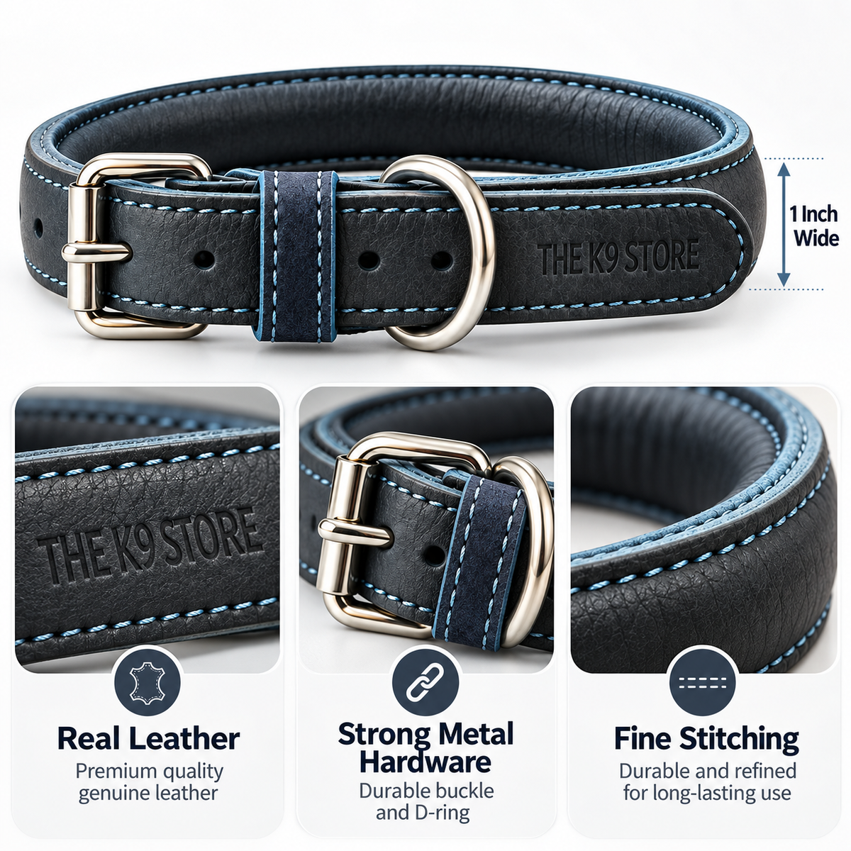 Padded Genuine Leather Dog Collar – Adjustable, 1-Inch Wide, Charcoal with Blue Stitching | The K9 Store