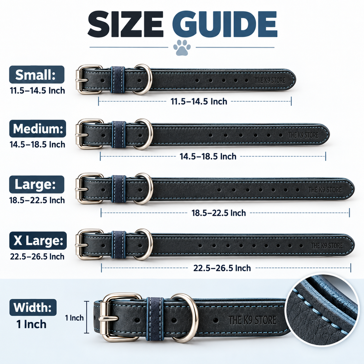 Padded Genuine Leather Dog Collar – Adjustable, 1-Inch Wide, Charcoal with Blue Stitching | The K9 Store