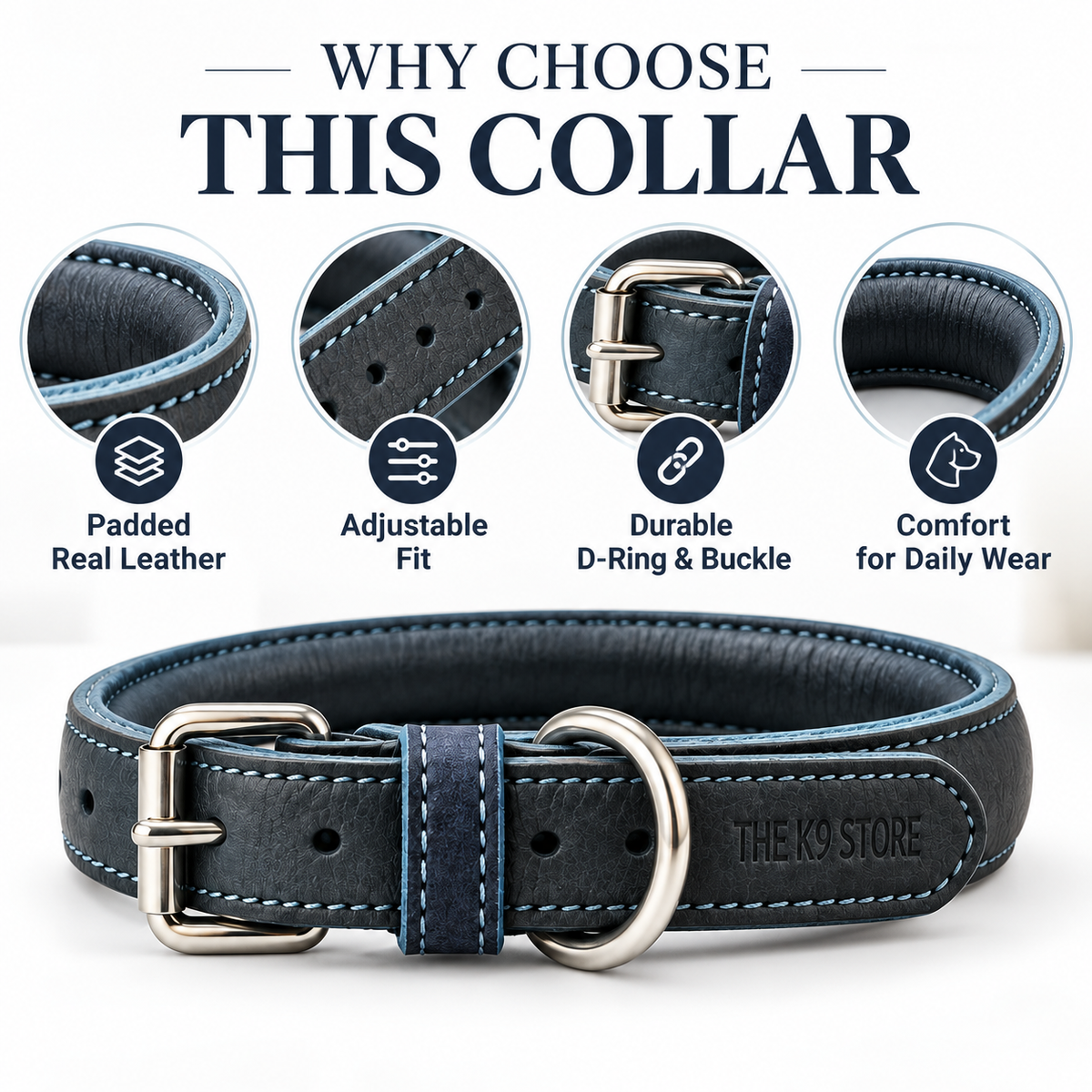 Padded Genuine Leather Dog Collar – Adjustable, 1-Inch Wide, Charcoal with Blue Stitching | The K9 Store