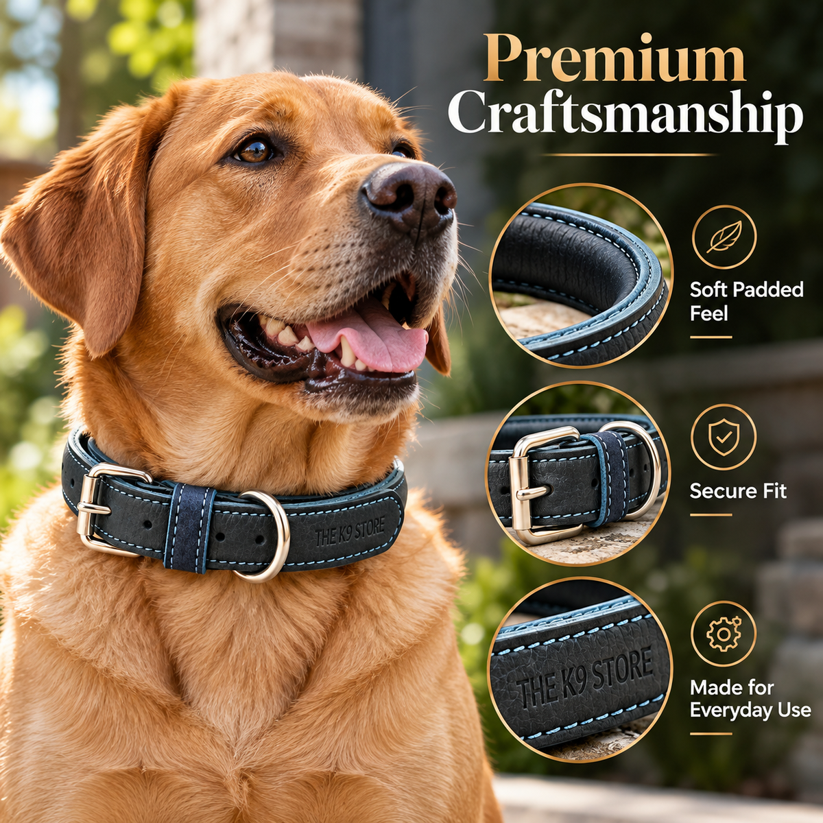 Padded Genuine Leather Dog Collar – Adjustable, 1-Inch Wide, Charcoal with Blue Stitching | The K9 Store