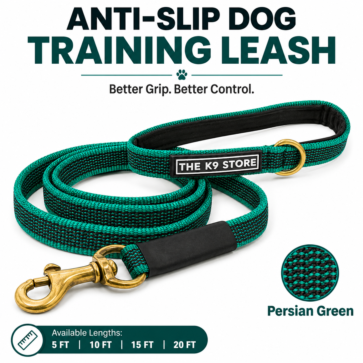 Anti-Slip Dog Training Leash | Solid Brass Hardware | Heavy Duty Nylon Leash for Dogs | 5, 10, 15, 20 Feet | Navy Blue & Persian Green