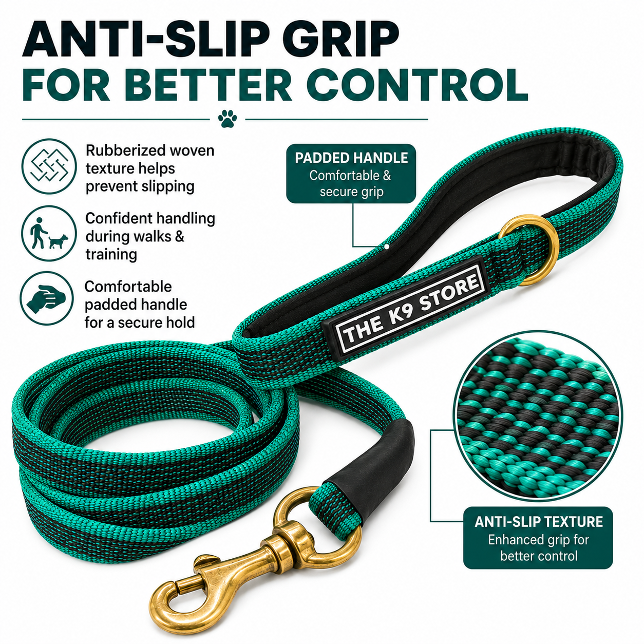 Anti-Slip Dog Training Leash | Solid Brass Hardware | Heavy Duty Nylon Leash for Dogs | 5, 10, 15, 20 Feet | Navy Blue & Persian Green