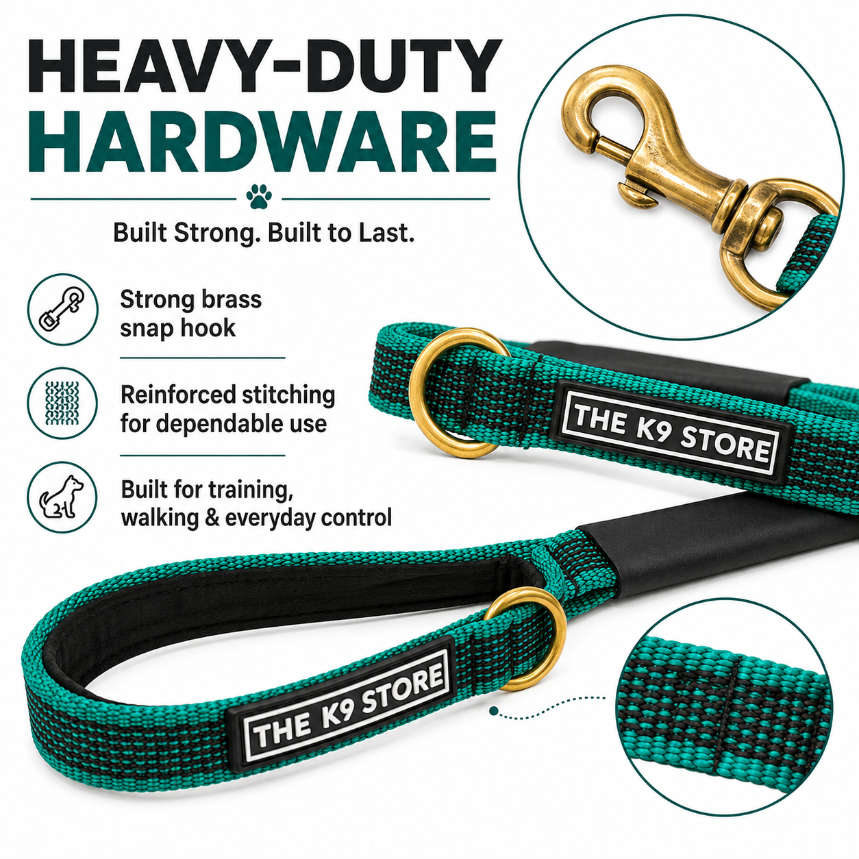 Anti-Slip Dog Training Leash | Solid Brass Hardware | Heavy Duty Nylon Leash for Dogs | 5, 10, 15, 20 Feet | Navy Blue & Persian Green