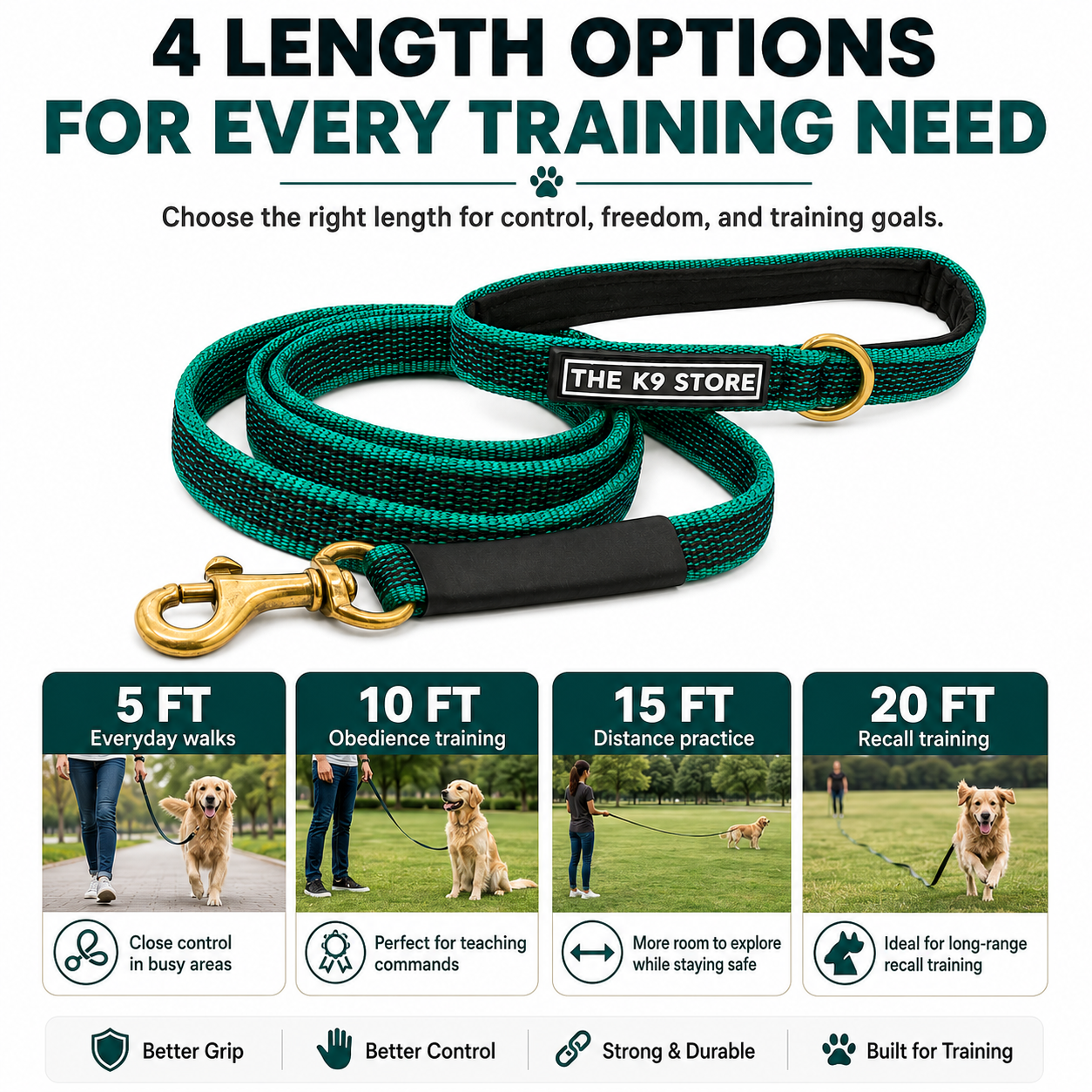 Anti-Slip Dog Training Leash | Solid Brass Hardware | Heavy Duty Nylon Leash for Dogs | 5, 10, 15, 20 Feet | Navy Blue & Persian Green