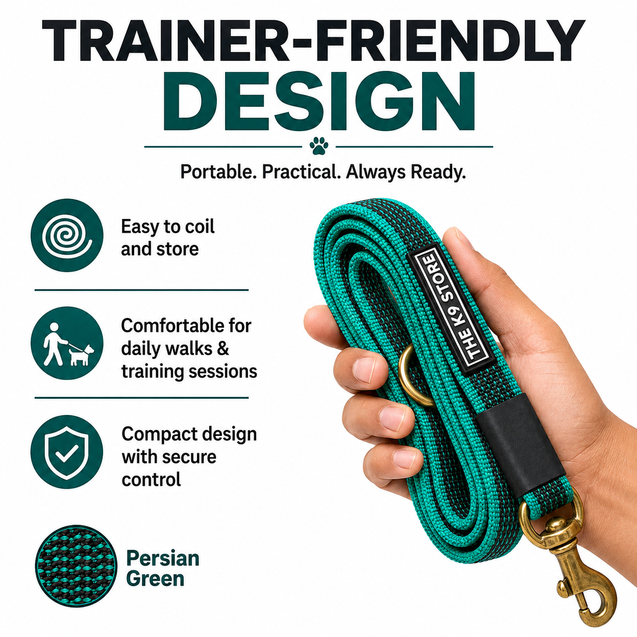 Anti-Slip Dog Training Leash | Solid Brass Hardware | Heavy Duty Nylon Leash for Dogs | 5, 10, 15, 20 Feet | Navy Blue & Persian Green