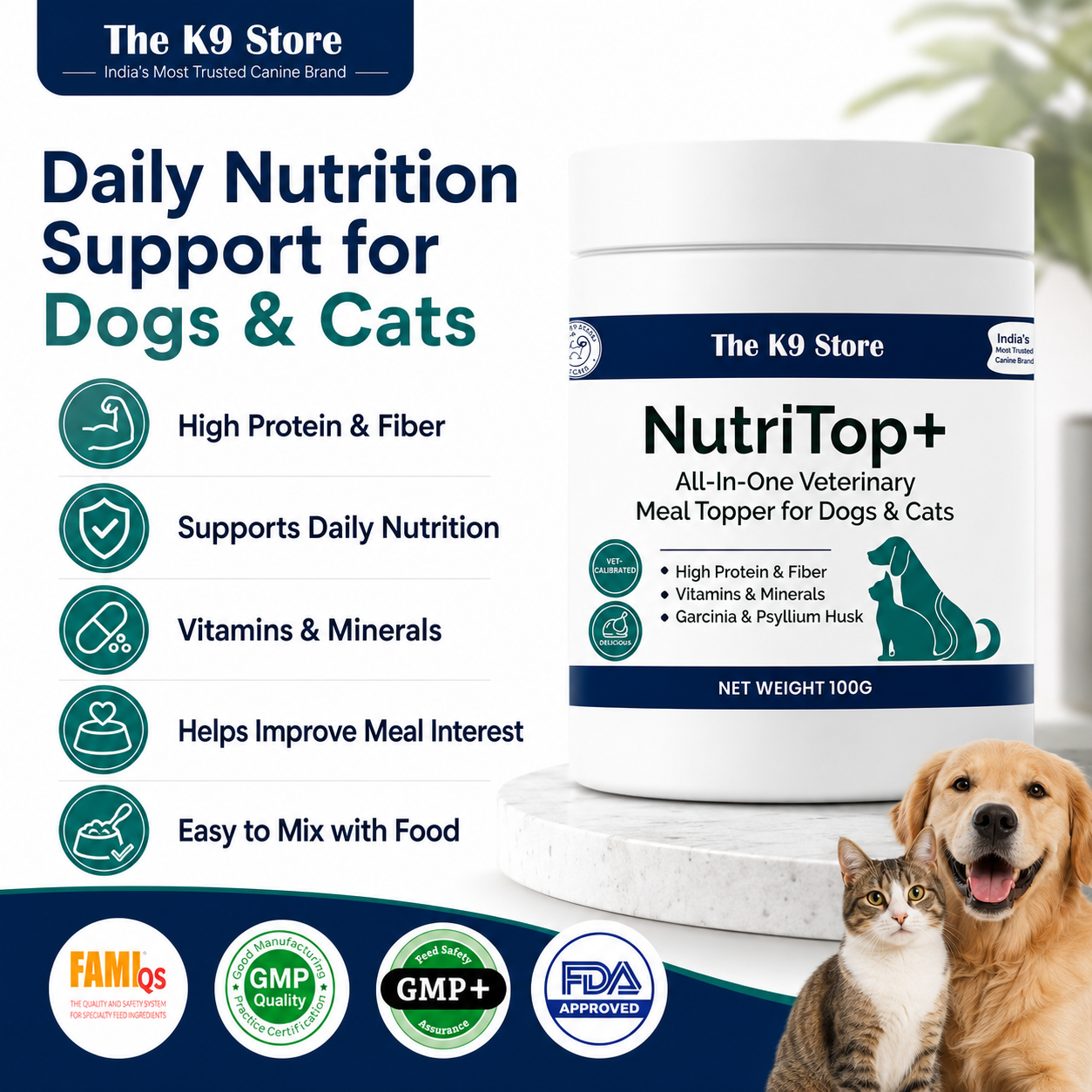 NutriTop+ All-In-One Veterinary Meal Topper for Dogs & Cats | High Protein, Fiber, Vitamins & Digestive Support - 100 G