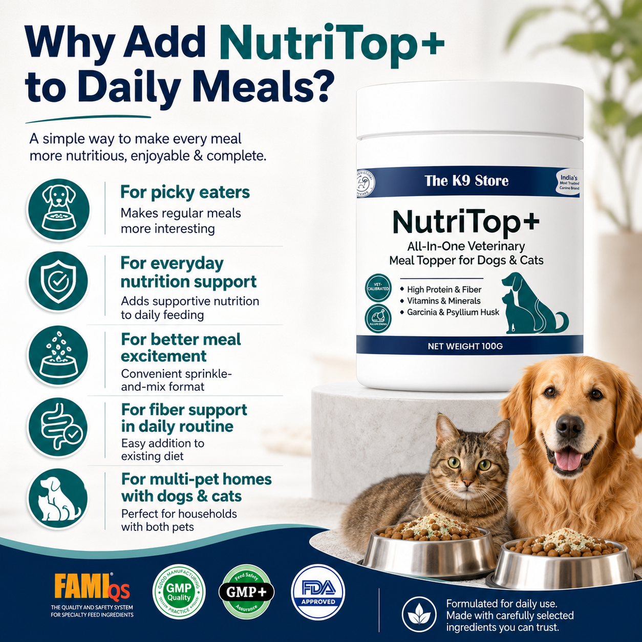 NutriTop+ All-In-One Veterinary Meal Topper for Dogs & Cats | High Protein, Fiber, Vitamins & Digestive Support - 100 G
