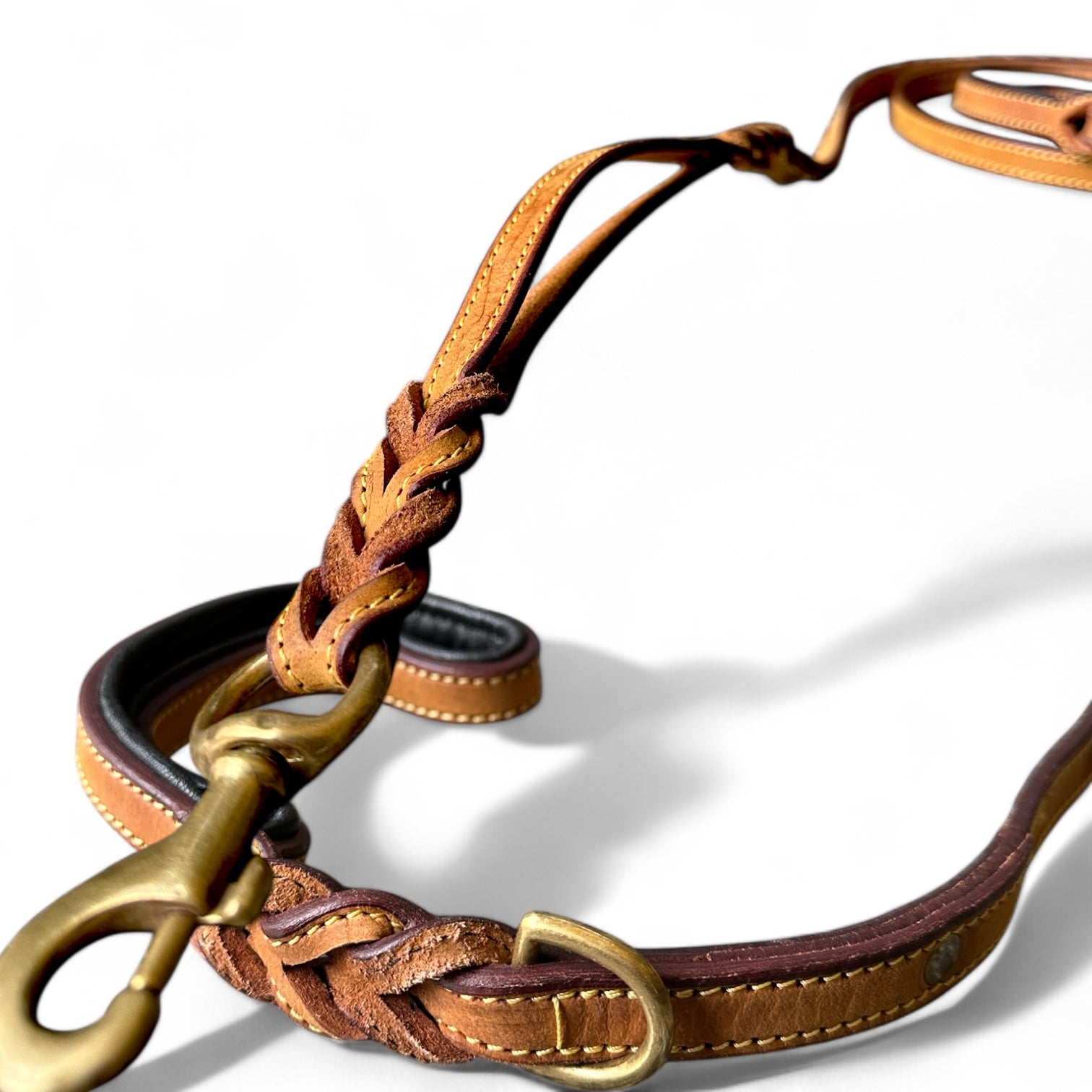 The K9 Store Premium Leather Double Handle Dog Leash, 6 Feet Long in Tan Color With Brass Hooks For All Dog Breeds