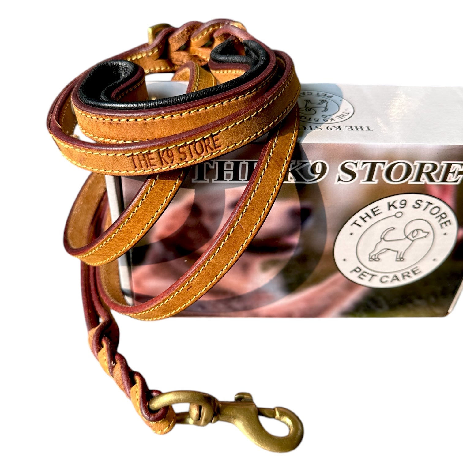 The K9 Store Premium Leather Double Handle Dog Leash, 6 Feet Long in Tan Color With Brass Hooks For All Dog Breeds