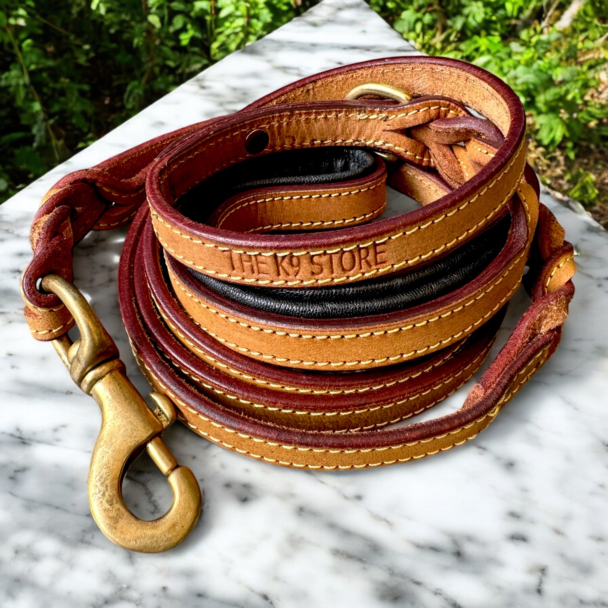 The K9 Store Premium Leather Double Handle Dog Leash, 6 Feet Long in Tan Color With Brass Hooks For All Dog Breeds