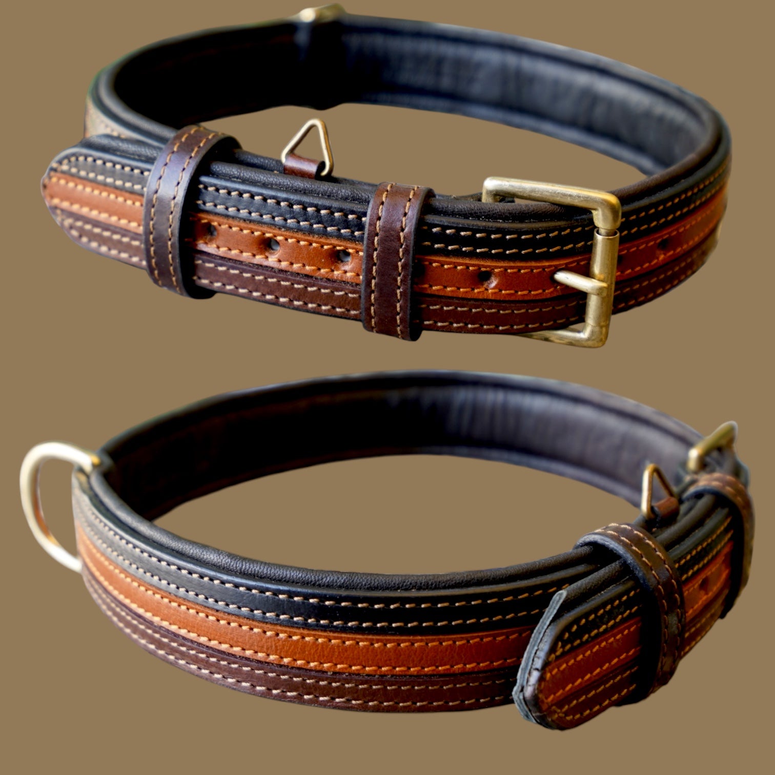 The K9 Store 100% Highgrade Leather Colored Designer Dog Neck Collar (Black + Tan + Chocolate - TRICOLOR)