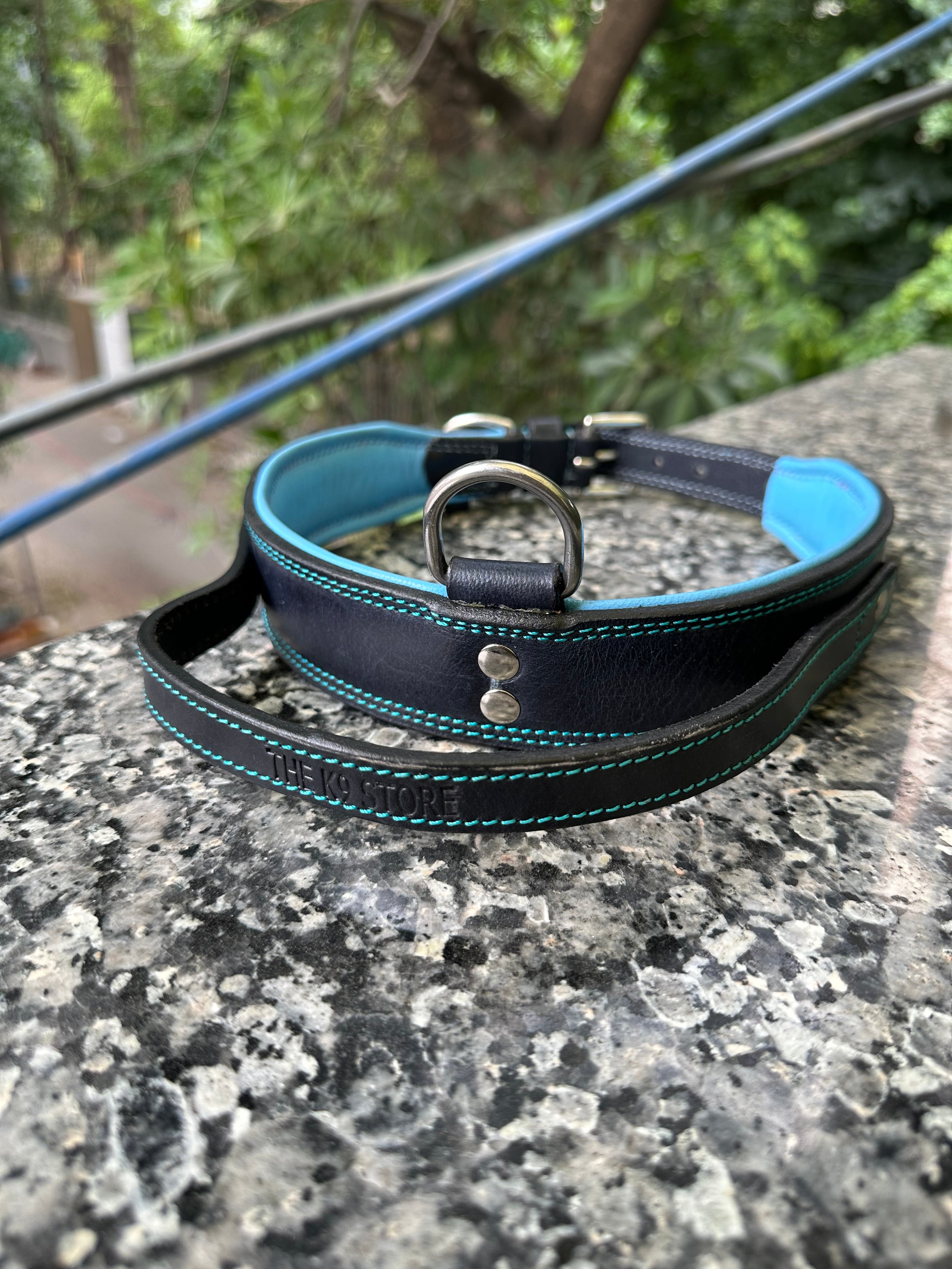 The K9 Store 100% Highgrade Leather Bold Dog Neck Collar For Training With Extra Handle - Zoey's Special B&B (Blue & Black Dual Tone)