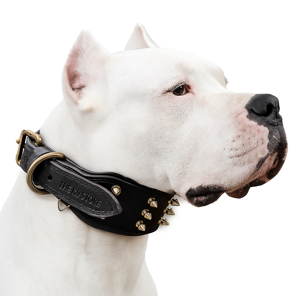 THE K9 STORE Premium Leather Dog Collar with Brass Spikes for Large & XL Dogs | Heavily Padded Cushion | Wide 2.25 Inch Collar for Strong Breeds | Adjustable Neck 18.5–26.5 Inch | Luxury Studded Dog Collar